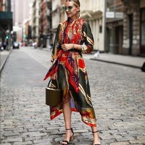 Zara Vibrant Red and Gold Scarf Print Midi Shirt Dress Size XS